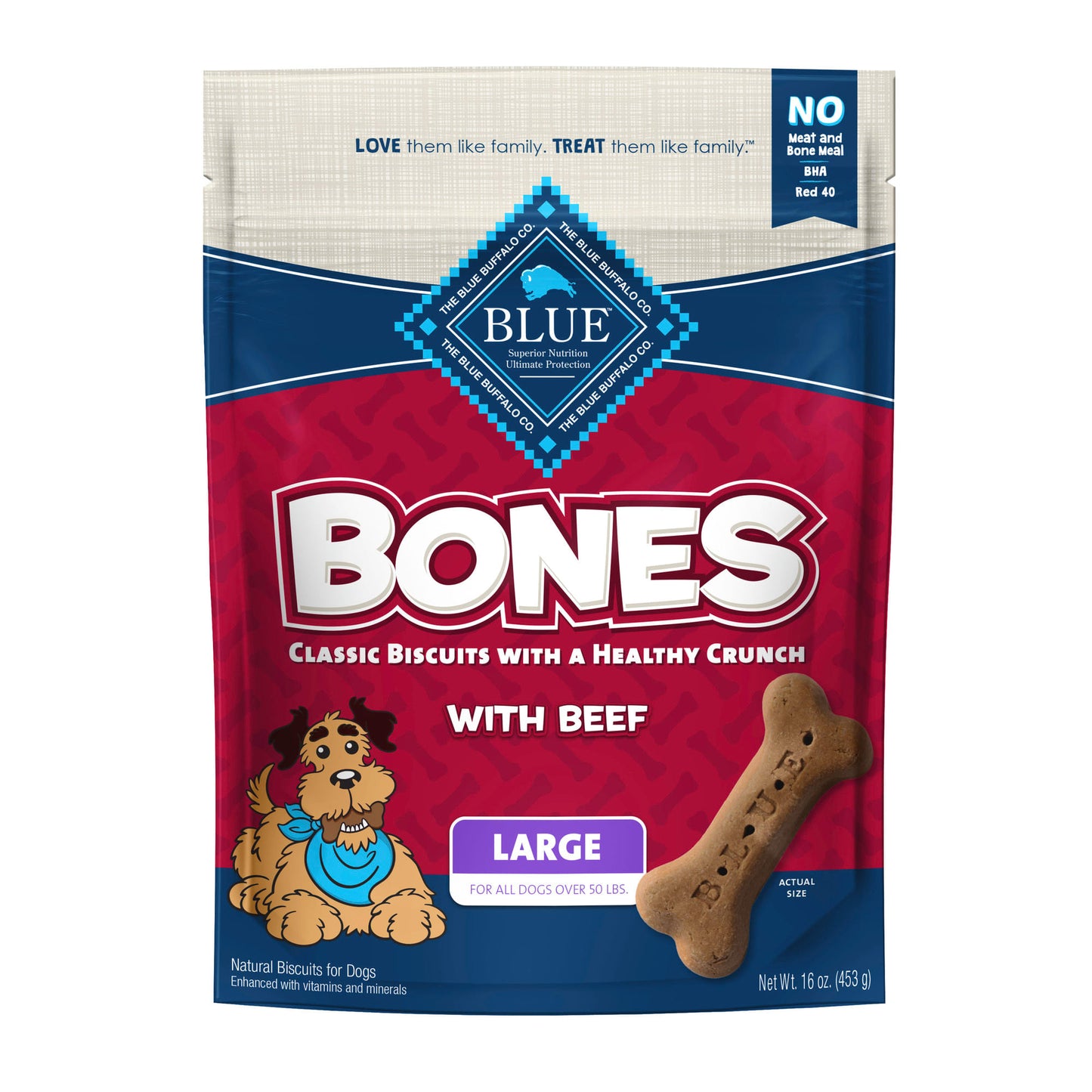 Blue Buffalo Bones Large Beef Flavor Crunchy Biscuit Treats for Dogs Whole Grain 16 oz. Bag