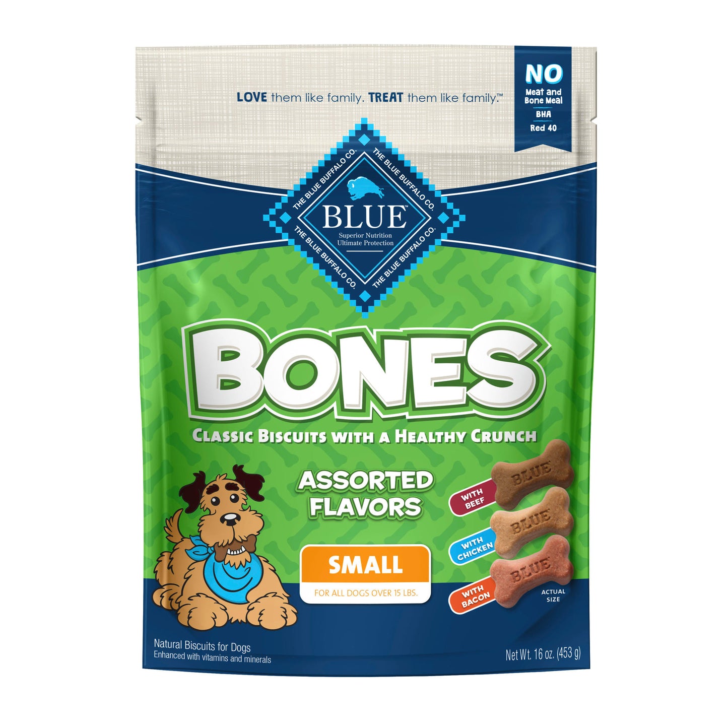 Blue Buffalo Bones Small Assorted Flavors Beef Chicken & Bacon Flavor Crunchy Biscuit Treats for Dogs Whole Grain 16 oz. Bag