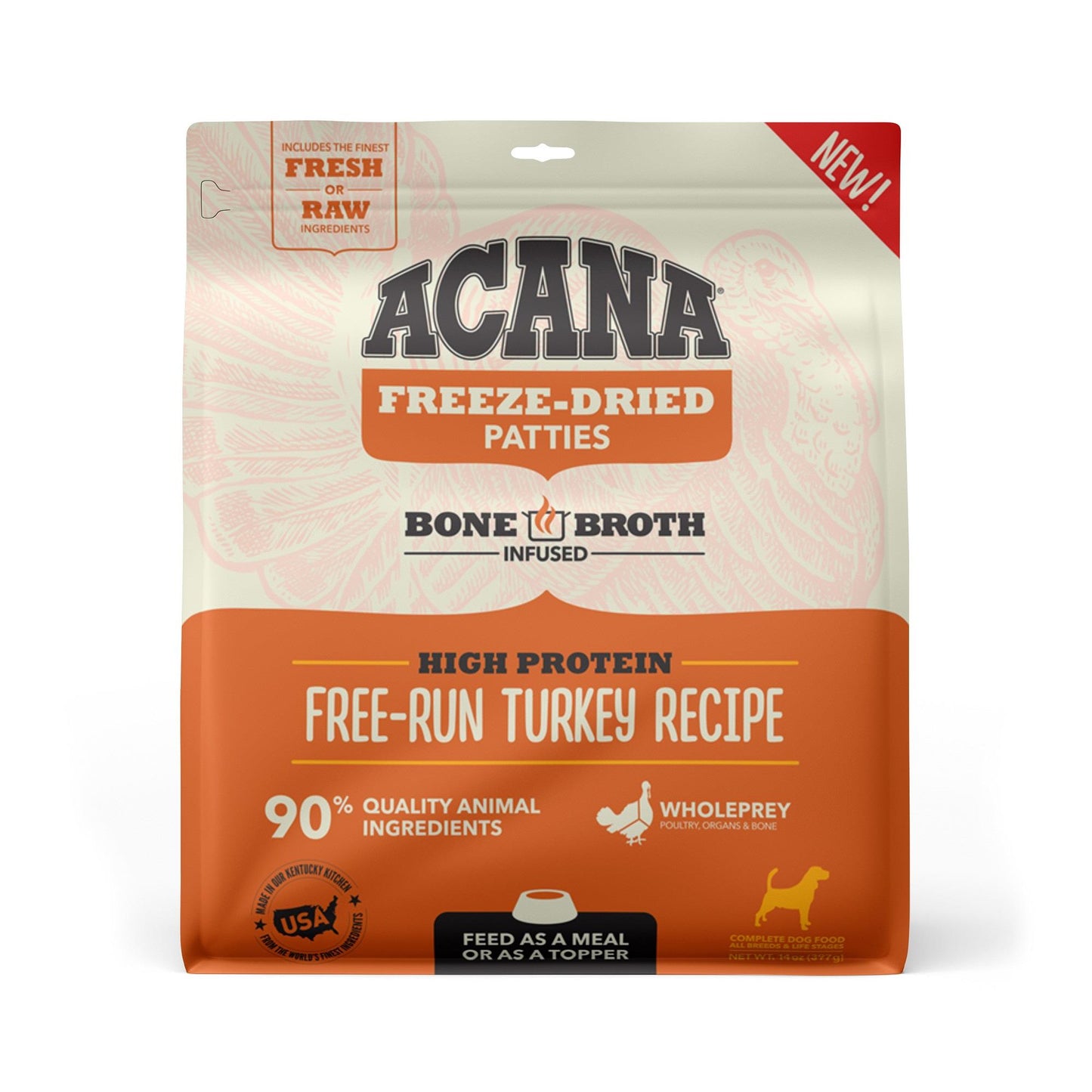 ACANA Grain Free High Protein Fresh & Raw Animal Ingredients Free-Run Turkey Recipe Freeze Dried Patties Dog Food, 14 oz.