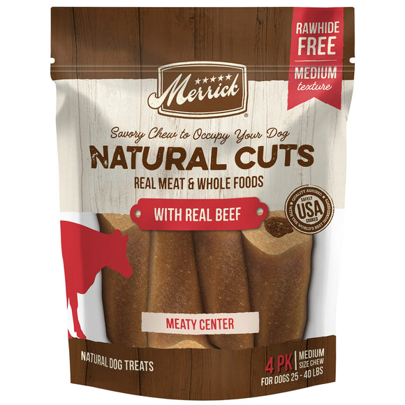 Merrick Natural Cuts Rawhide Free Medium Filled Chew with Real Beef for Dogs, 10.5 oz., Count of 4