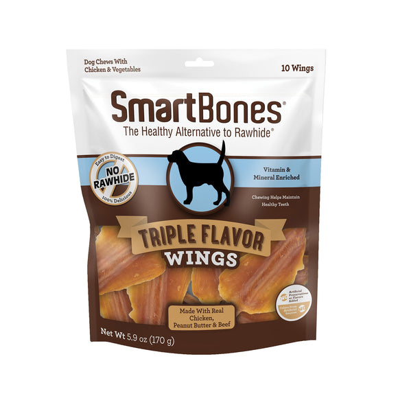 SmartBones Triple Flavor Wings Made with Real Chicken, Peanut Butter & Beef No-Rawhide Dog Chews, 5.9 oz