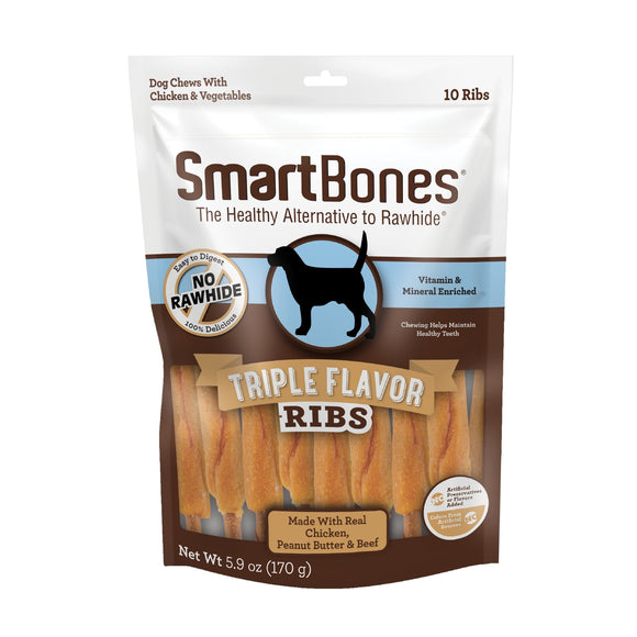 SmartBones Triple Flavor Ribs Made with Real Chicken, Peanut Butter & Beef No-Rawhide Dog Chews, 5.9 oz