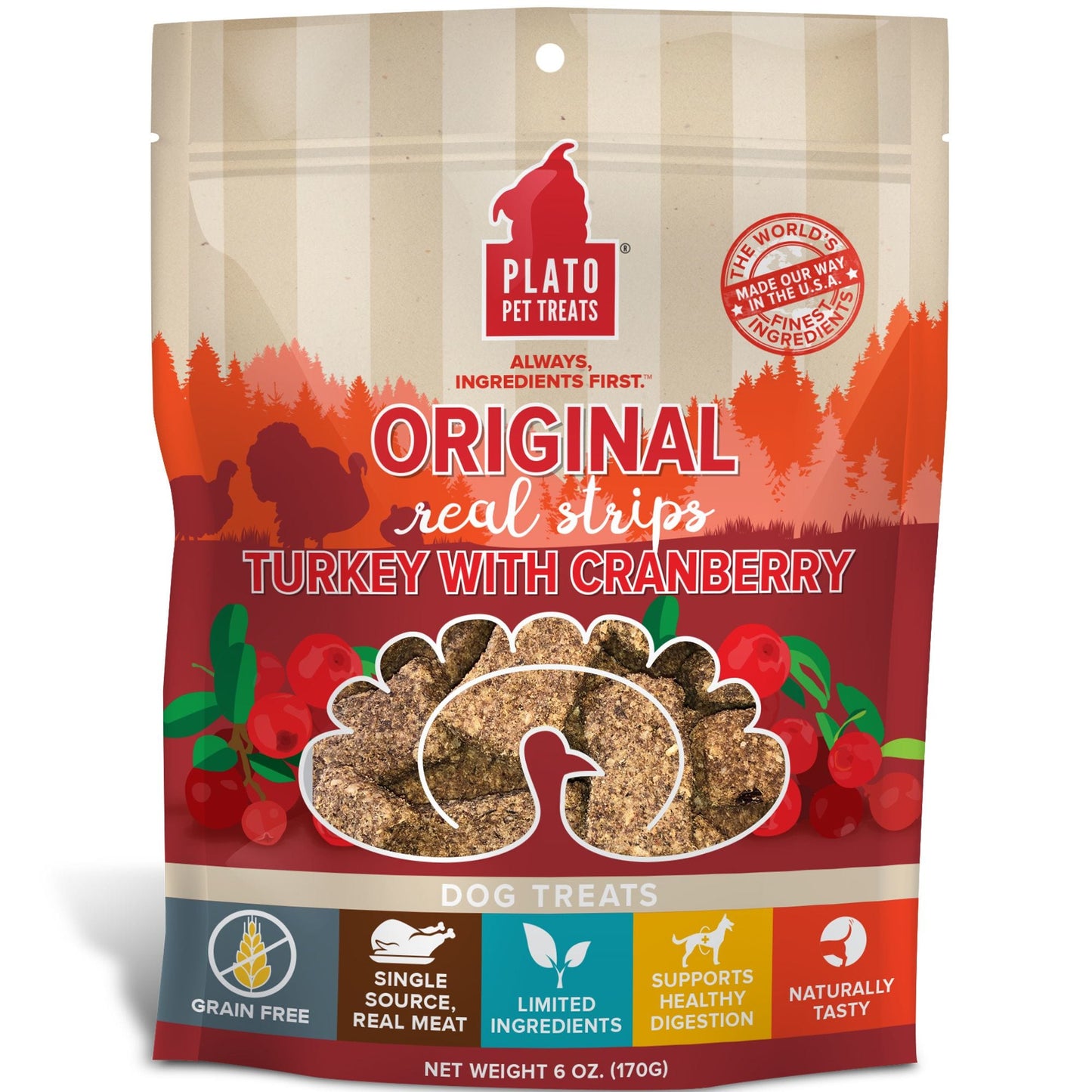 Plato Original Real Strips Turkey & Cranberry Grain-Free Dog Treats, 6 Oz.