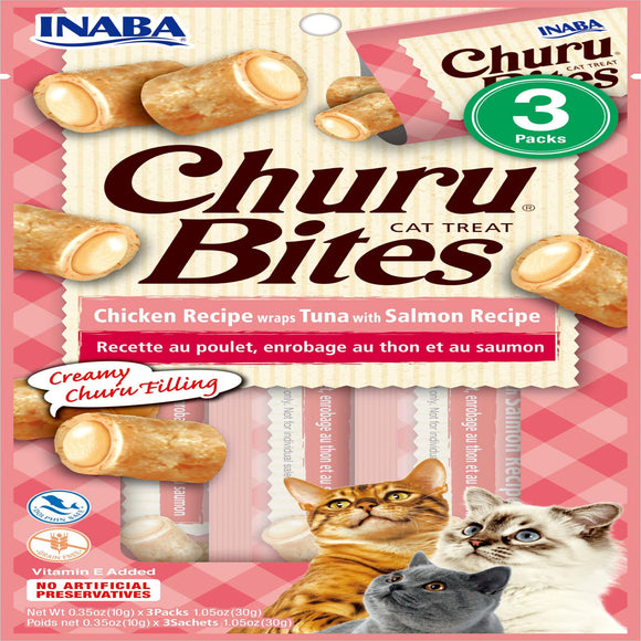 Inaba Churu Bites Chicken Wraps Tuna with Salmon Recipe Cat Treats, 1.05 oz.