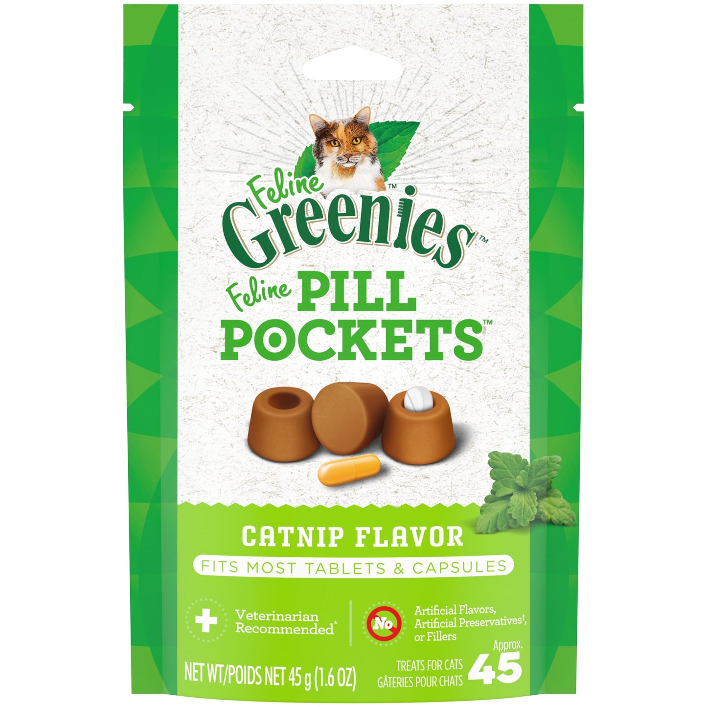 FELINE GREENIES PILL POCKETS for Cats Natural Soft Cat Treats Catnip Flavor 1.6 oz. Pack (45 Treats)