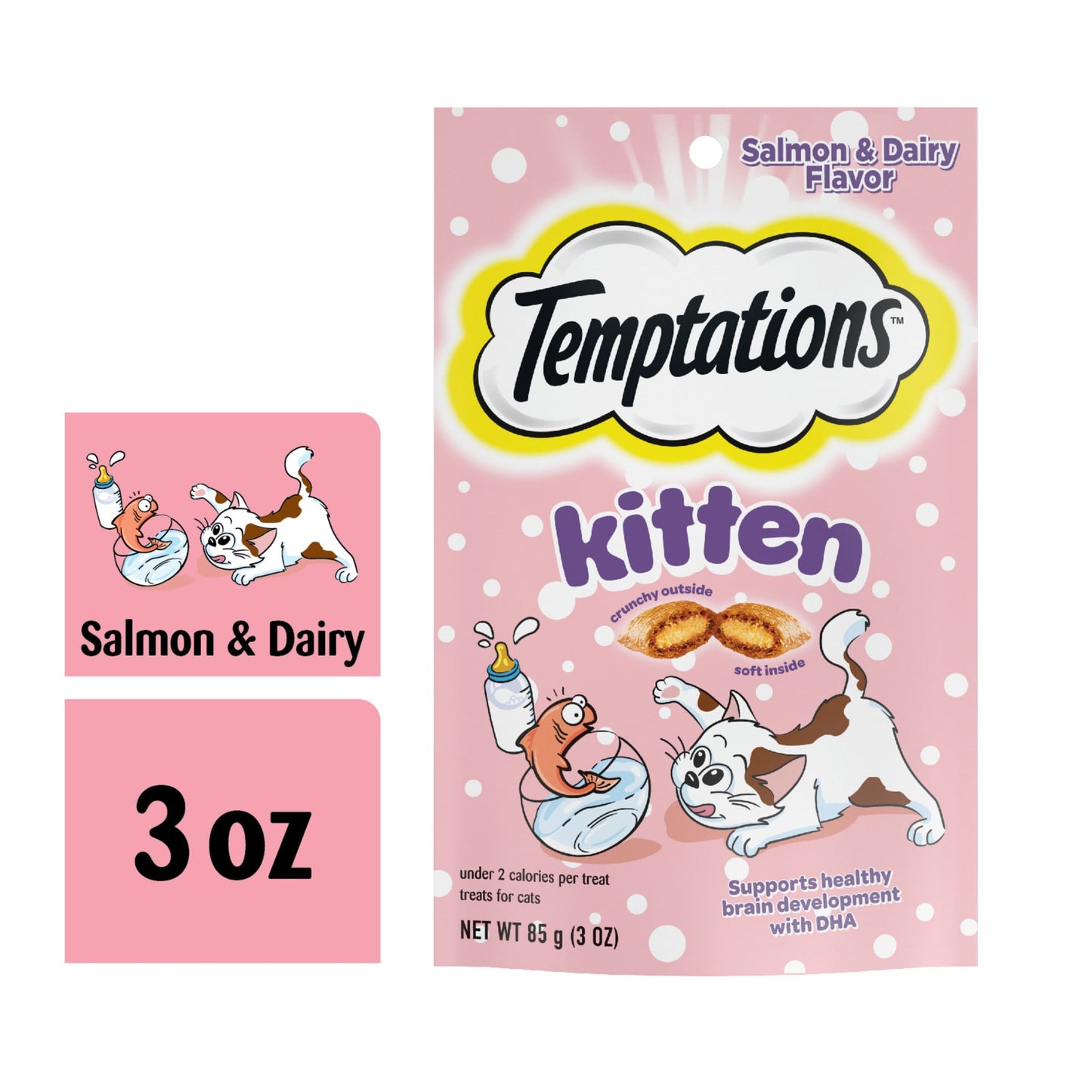 TEMPTATIONS Salmon and Dairy Flavor Crunchy and Soft Kitten Treats 3 oz.