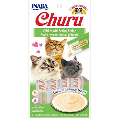 Inaba Churu Grain-Free Cat Treat, Chicken with Scallop Puree, 4 Tubes