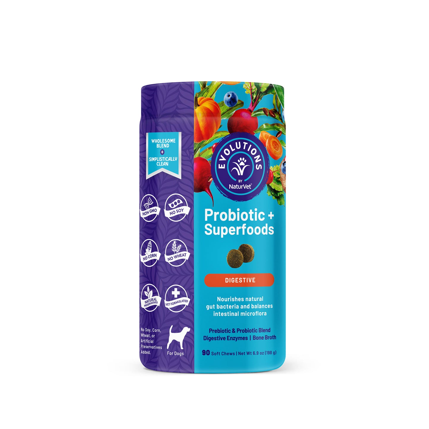 NaturVet Evolutions Probiotic + Superfoods Digestive Soft Chews for Dogs, Count of 90, 90 CT