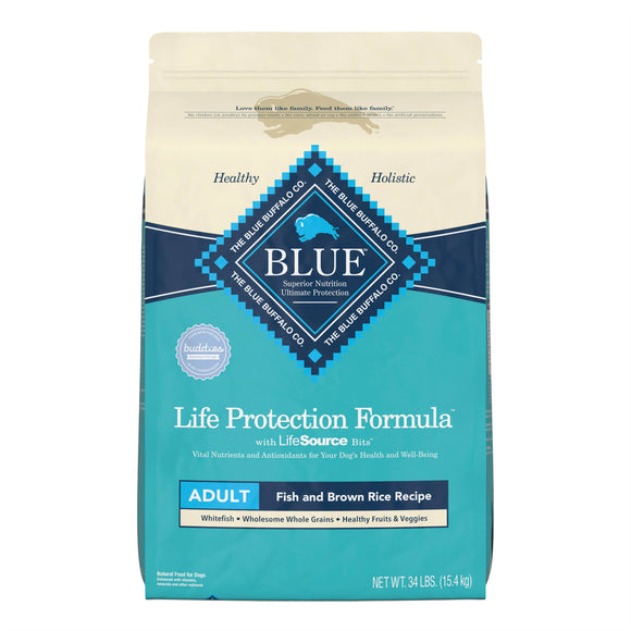 Blue Buffalo Life Protection Formula Fish and Brown Rice Dry Dog Food for Adult Dogs  Whole Grain  30 lb. Bag