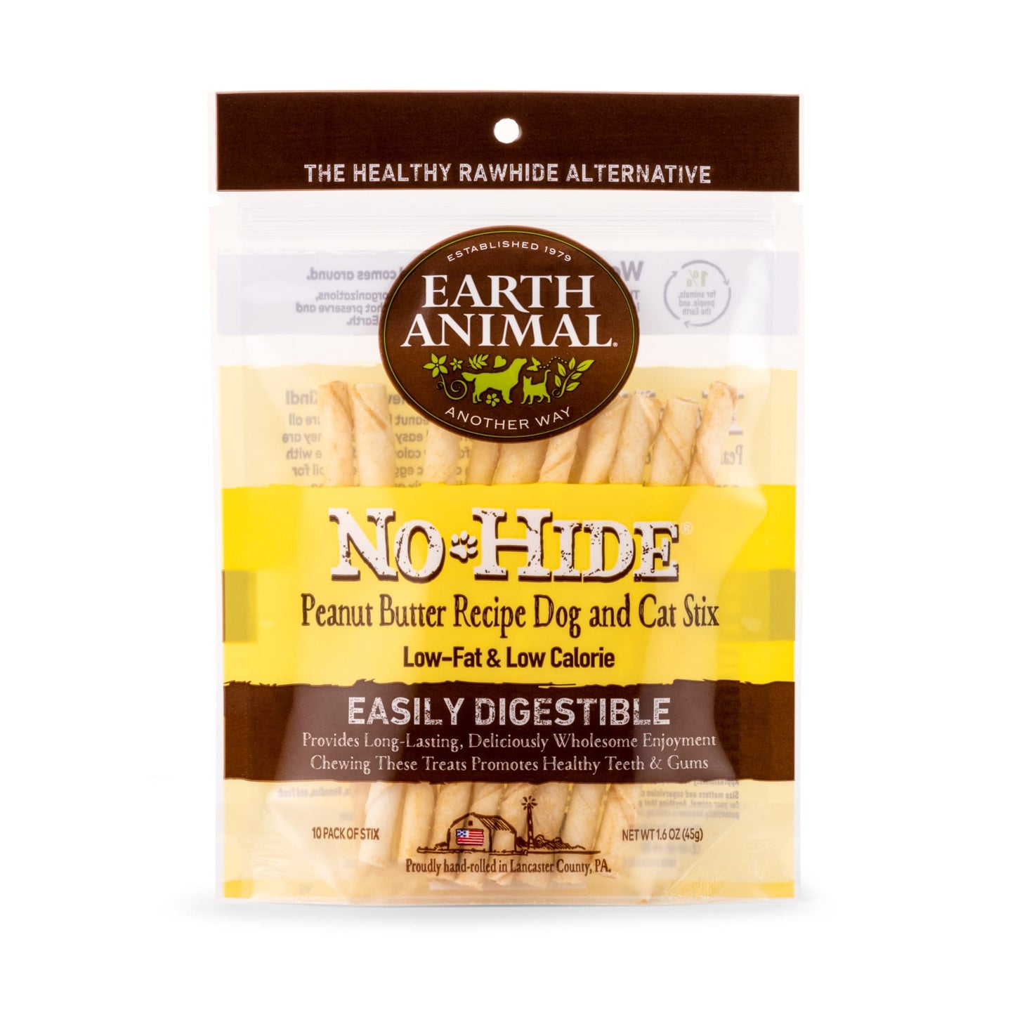 Earth Animal No-Hide Wholesome Chews Peanut Butter Stix Natural Rawhide Alternative for Dog & Cat, 1.6 oz., Count of 10