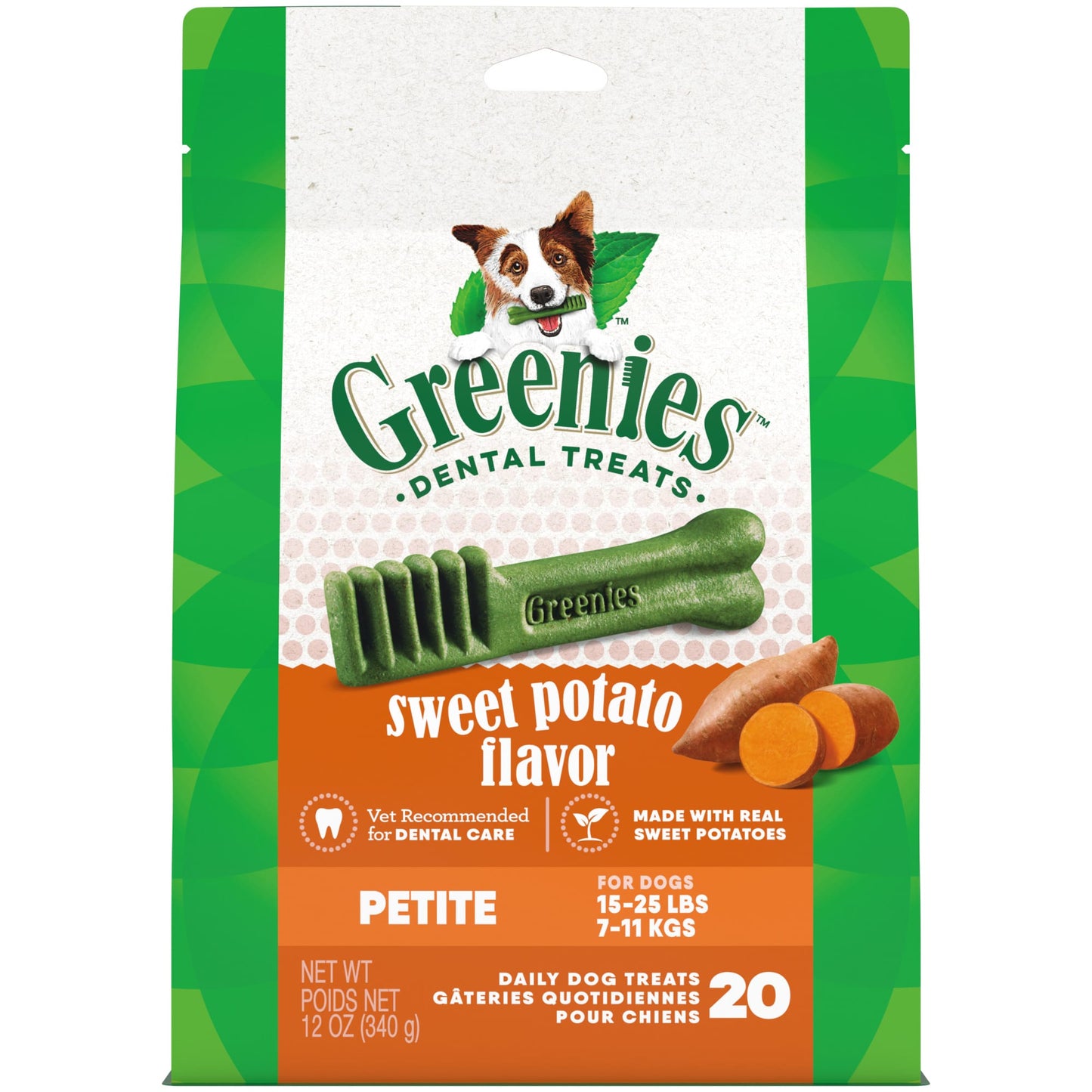 Greenies Canine Dental Treats, Sweet Potato Flavor, Petite, Bag of 20 (12oz)