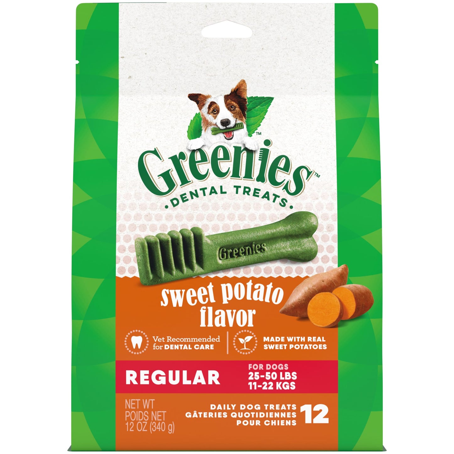 Greenies Canine Dental Treats, Sweet Potato Flavor, Regular, Bag of 12 (12oz)