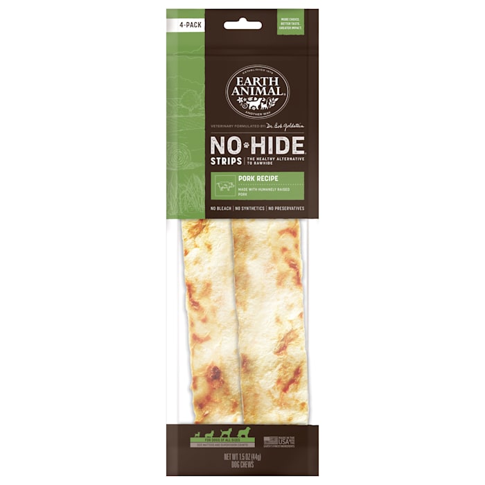 Earth Animal No-Hide Strips Pork Recipe Natural Rawhide Alternative Dog Chew Treats, 1.5 oz., Count of 4