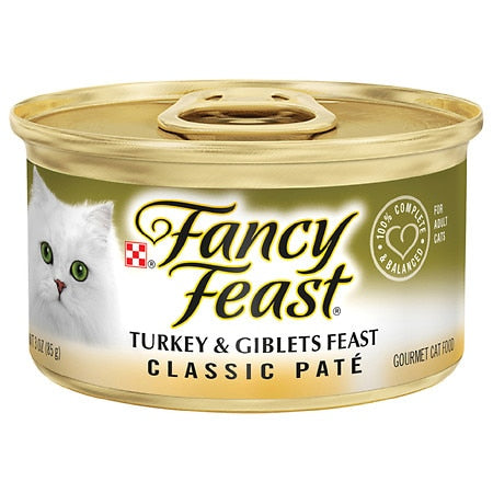 Fancy Feast Grain Free Pate Wet Cat Food Classic Pate Turkey & Giblets Feast 3 oz. Can