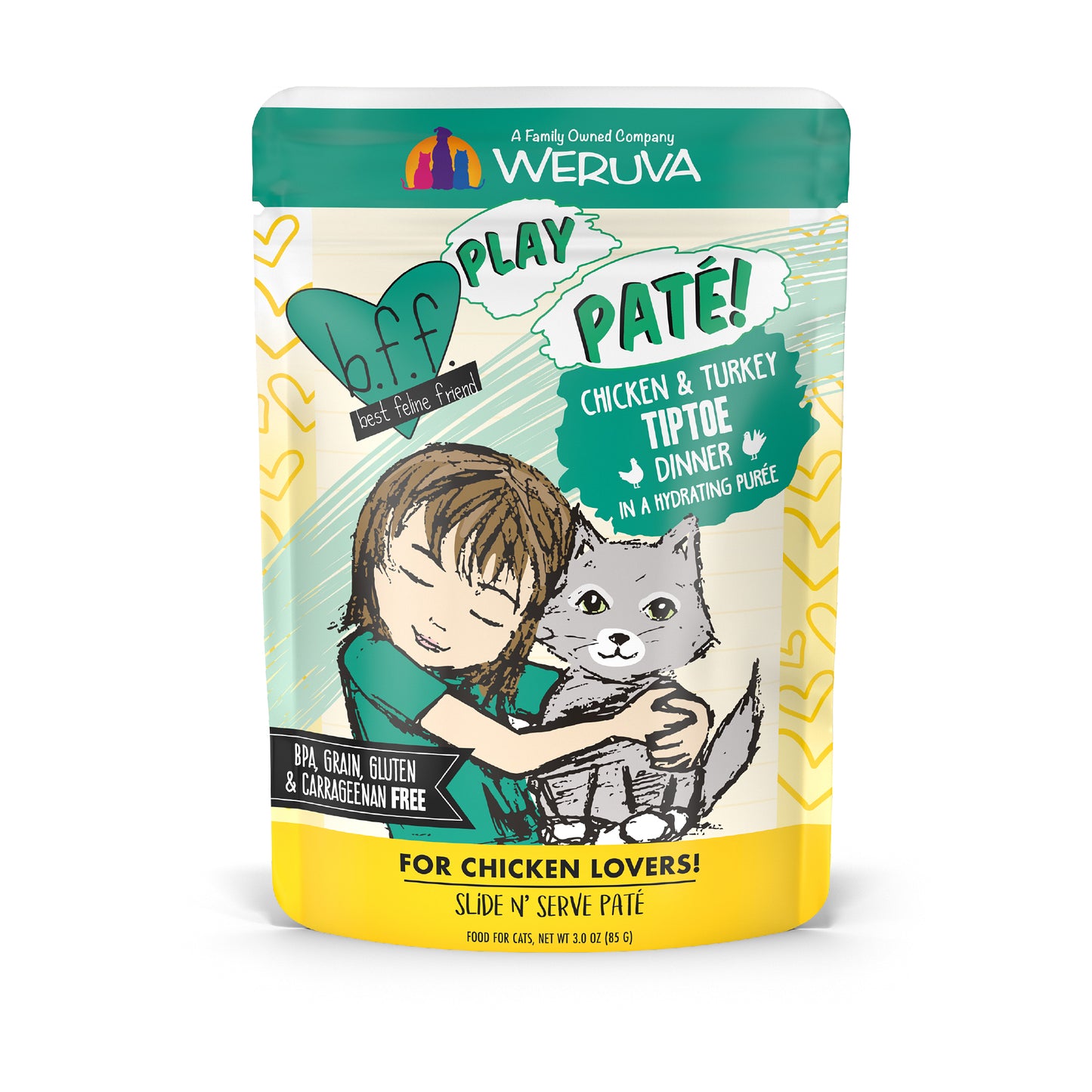 Weruva B.F.F. PLAY Pate Cat food 3oz Pouch Tiptoe Chicken & Turkey