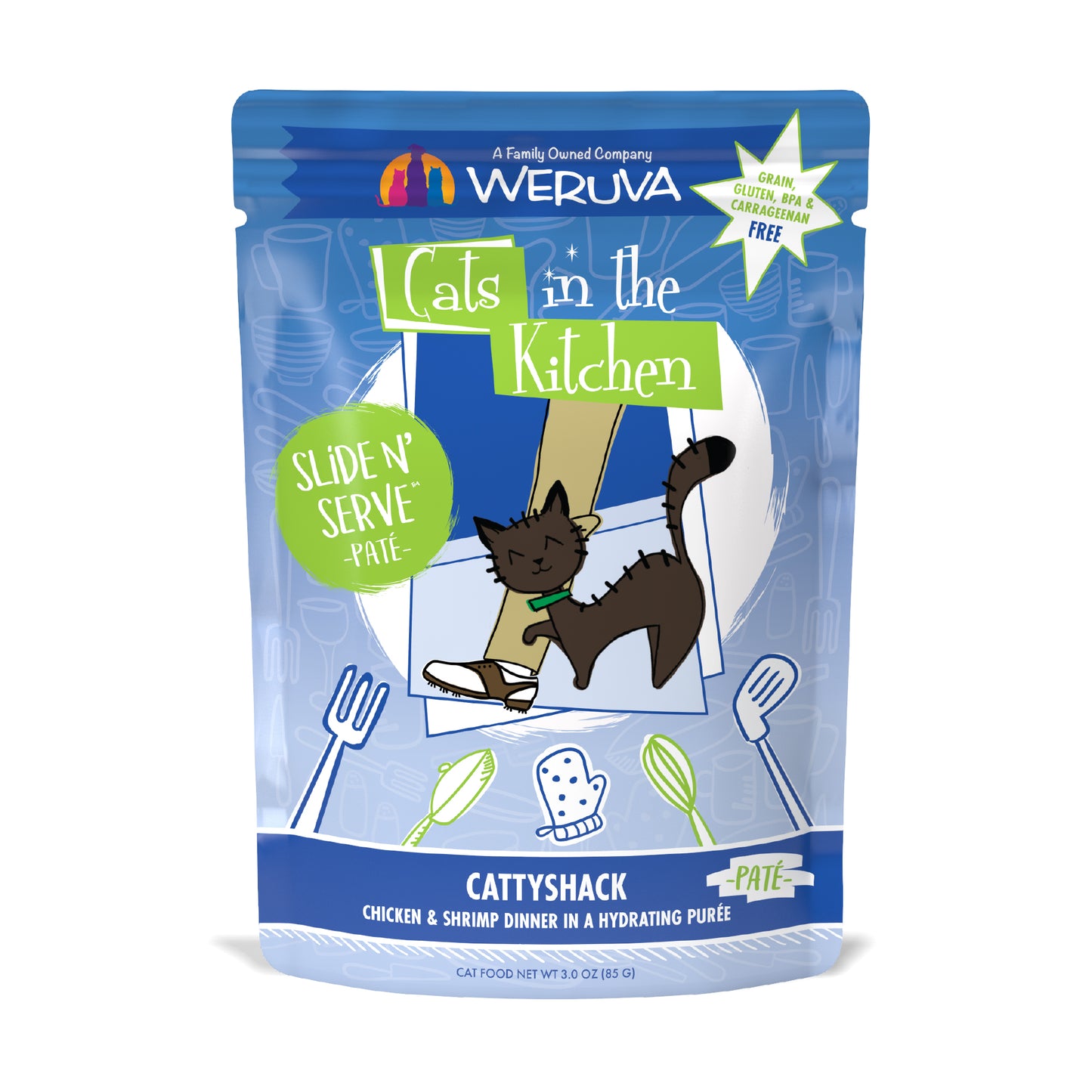 Weruva Cats in the Kitchen Slide N Serve Pouch Pate Cat food 3oz Cattyshack Chicken & Shrimp