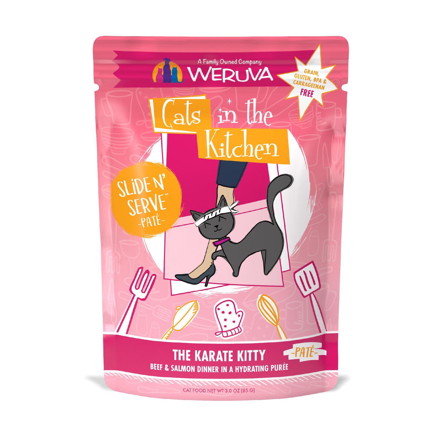 Weruva Cats in the Kitchen Slide N Serve Pouch Pate Cat food 3oz The Karate Kitty Beef & Salmon