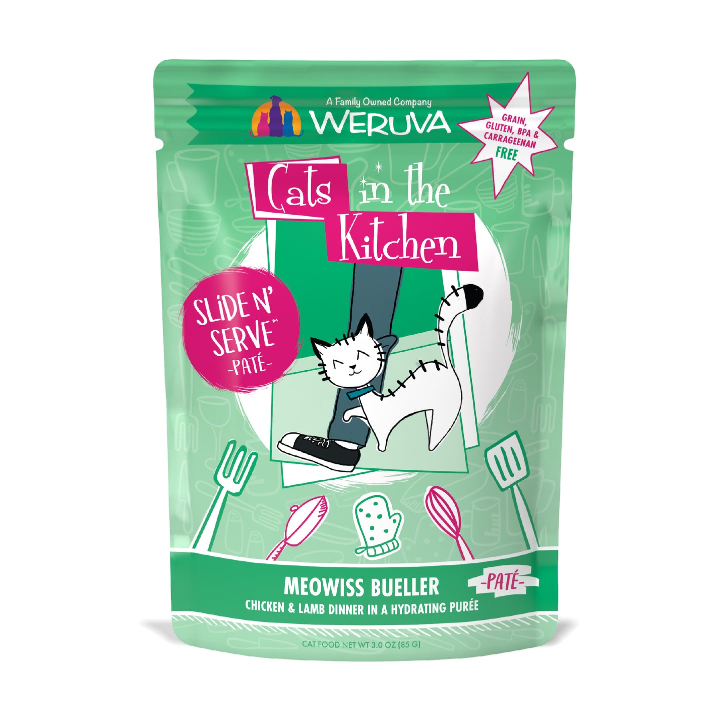 Weruva Cats in the Kitchen Slide N Serve Pouch Pate Cat food 3oz Meowiss Bueller