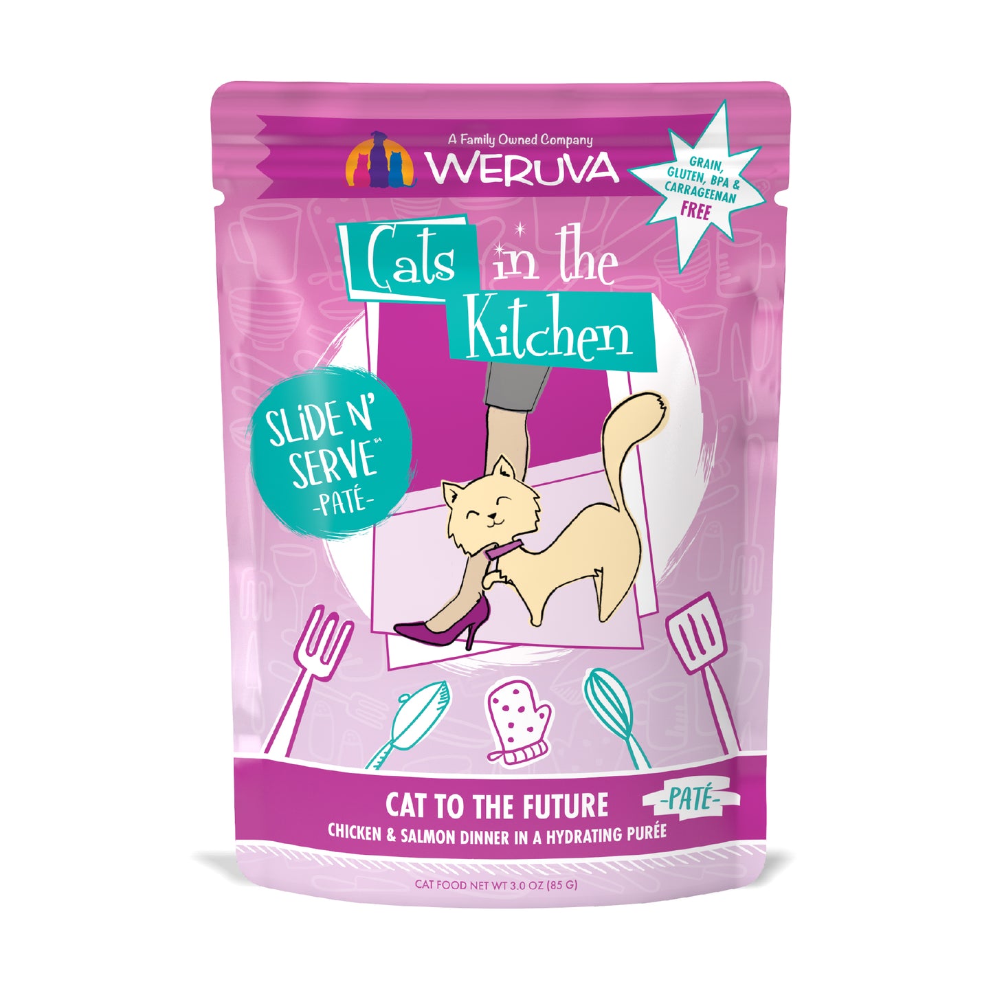 Weruva Cats in the Kitchen Slide N Serve Pouch Pate Cat food 3oz Cat to the Future Chicken & Salmon