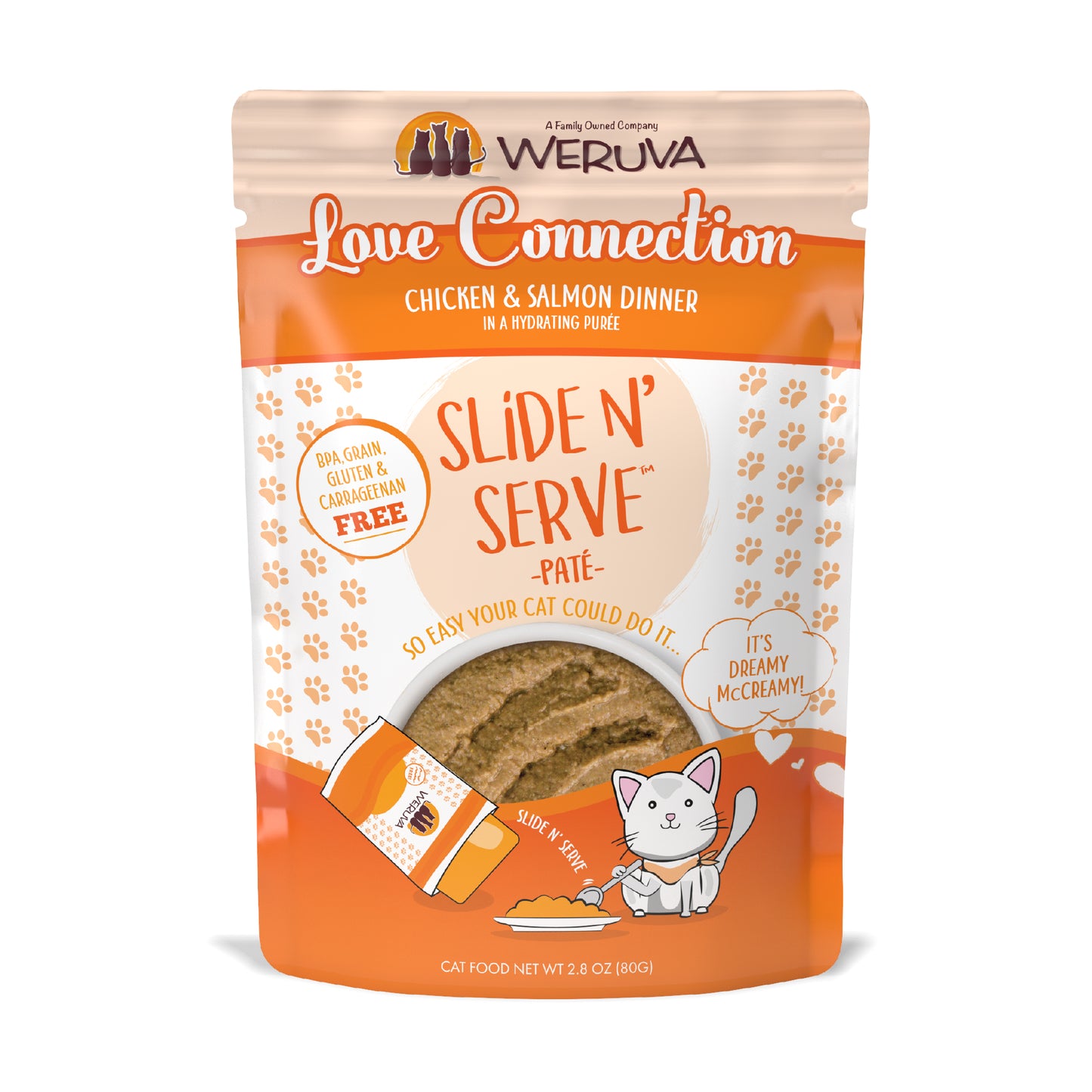 Weruva Pate 2.8oz Slide N Serve Pouch Cat food Love Connection Chicken & Salmon