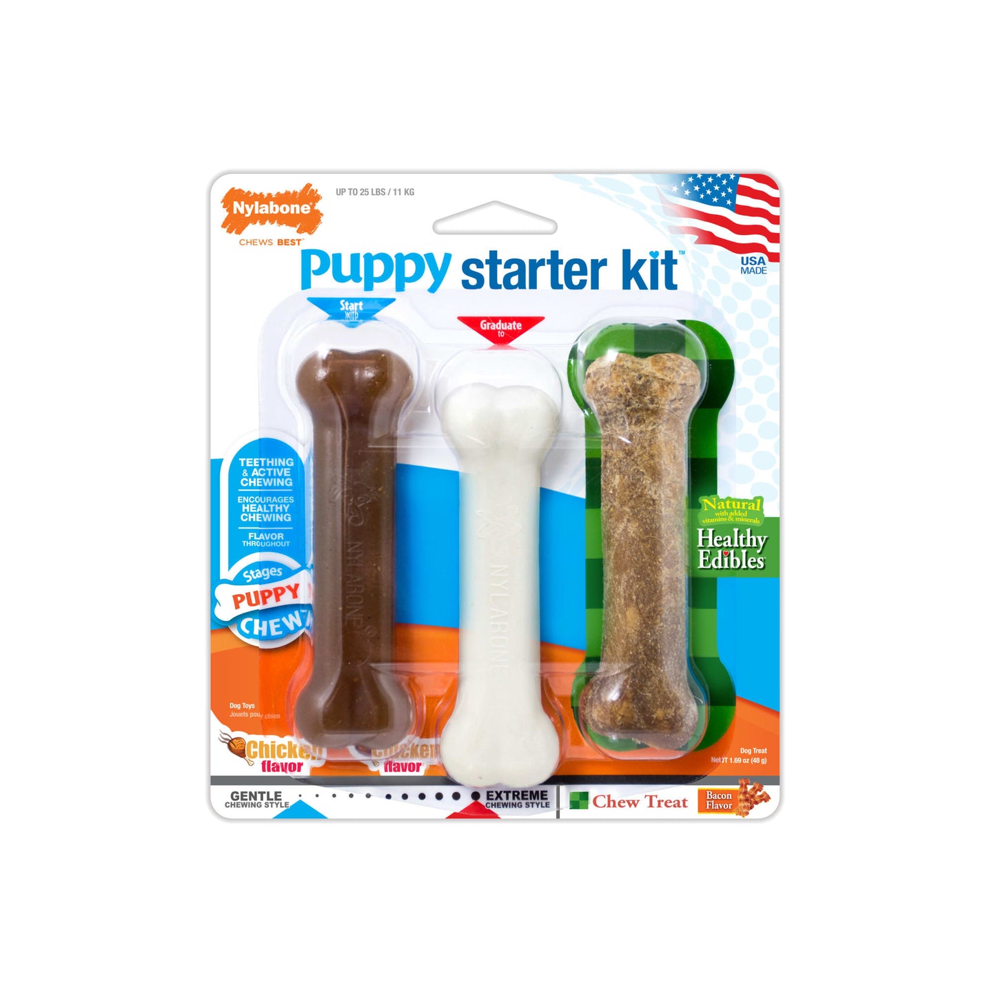 Nylabone Just For Puppies Chew Toy & Treat Starter Kit Chicken & Bacon