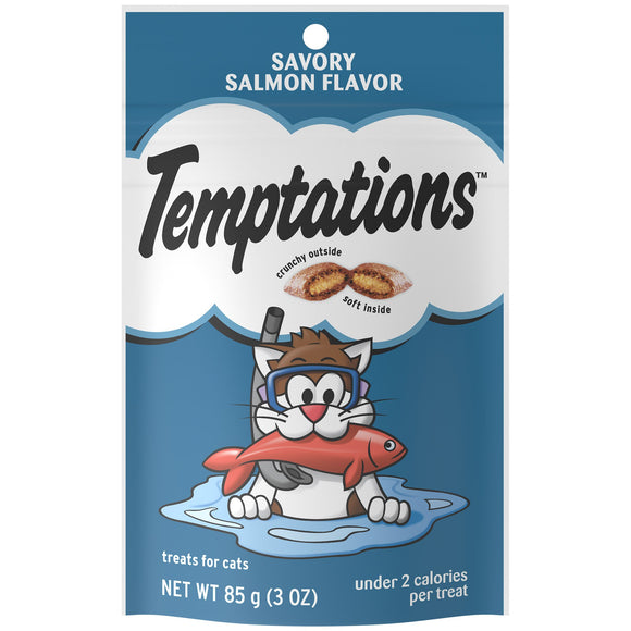 TEMPTATIONS Classic Crunchy and Soft Cat Treats Savory Salmon Flavor  3 oz. Pouch