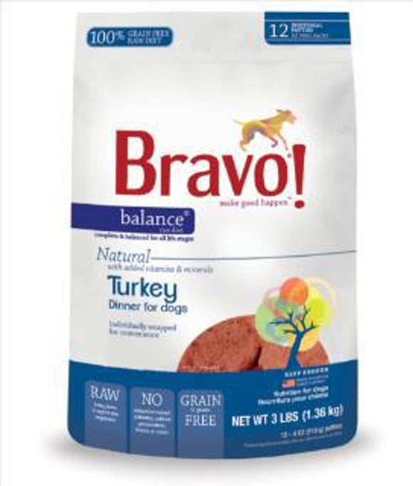 Bravo Balance Turkey Blend Frozen Dog Food, 4-Ounce Patties, Pack of 12