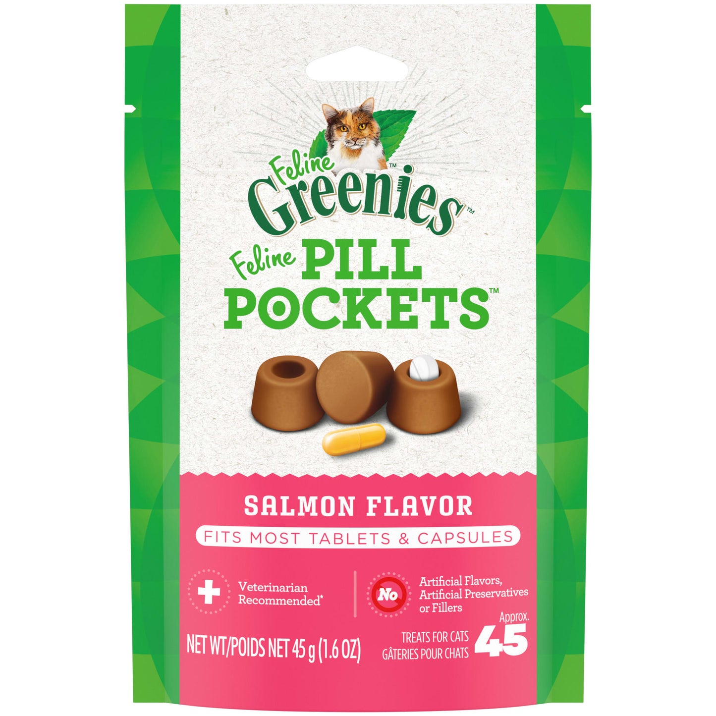 FELINE GREENIES PILL POCKETS for Cats Natural Soft Cat Treats Salmon Flavor 1.6 oz. Pack (45 Treats)