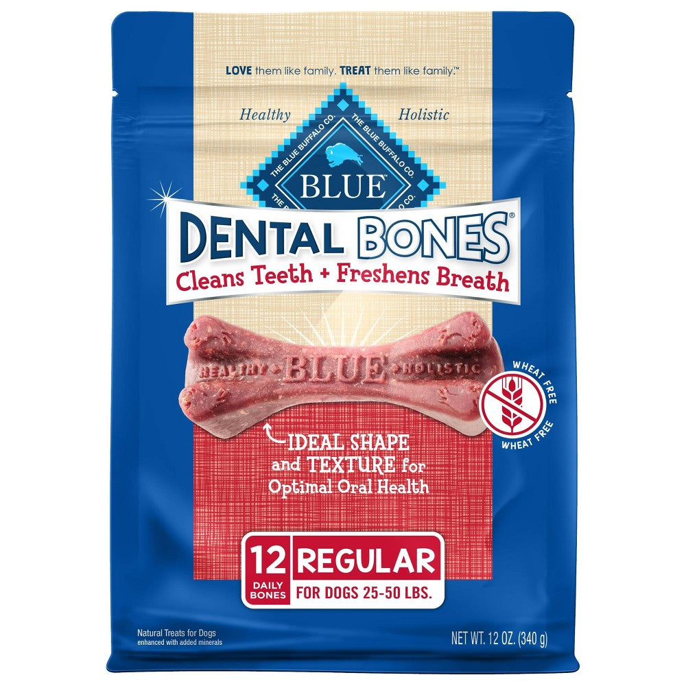 Blue Buffalo Dental Bones Regular (25-50 lbs) Dental Treats for Adult Dogs Whole Grain 12 oz. Bag