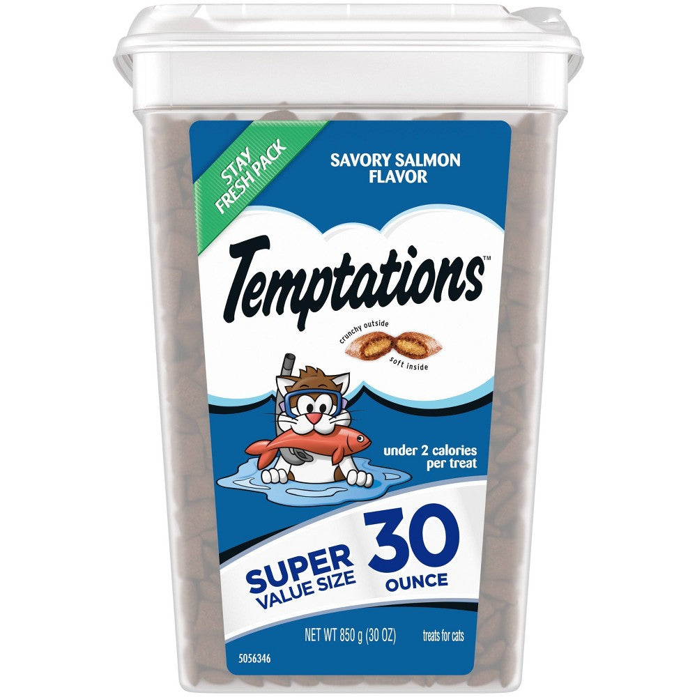 Temptations Classic Crunchy and Soft Cat Treats Savory Salmon Flavor 30 oz. Tub