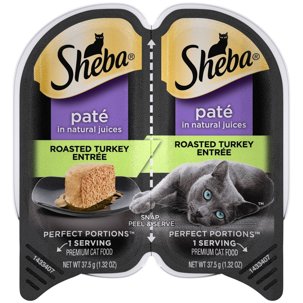 SHEBA Wet Cat Food Pate Roasted Turkey Entree 2.6 oz. PERFECT PORTIONS Twin Pack Tray