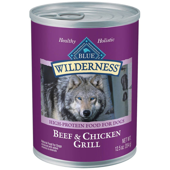 Blue Buffalo Wilderness High Protein Beef and Chicken Wet Dog Food for Adult Dogs  Grain-Free  12.5 oz. Can