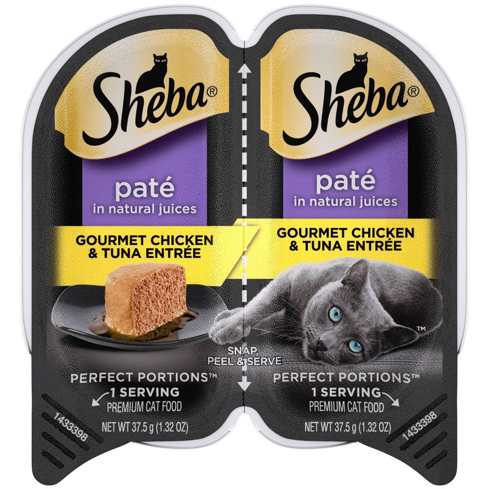 SHEBA Wet Cat Food Pate Gourmet Chicken & Tuna Entree 2.6 oz. PERFECT PORTIONS Twin Pack Tray