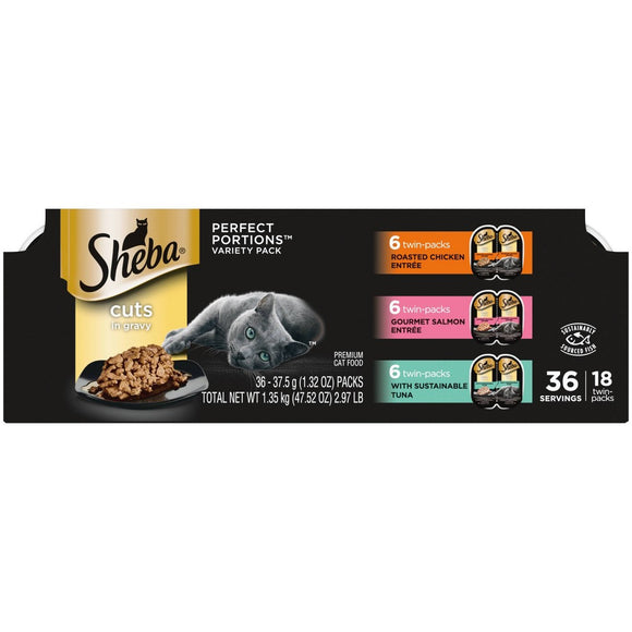 SHEBA Wet Cat Food Cuts in Gravy Variety Pack  With Sustainable Tuna and Roasted Chicken Entree and Gourmet Salmon Entree  (18) 2.6 oz. PERFECT PORTIONS Twin-Pack Trays