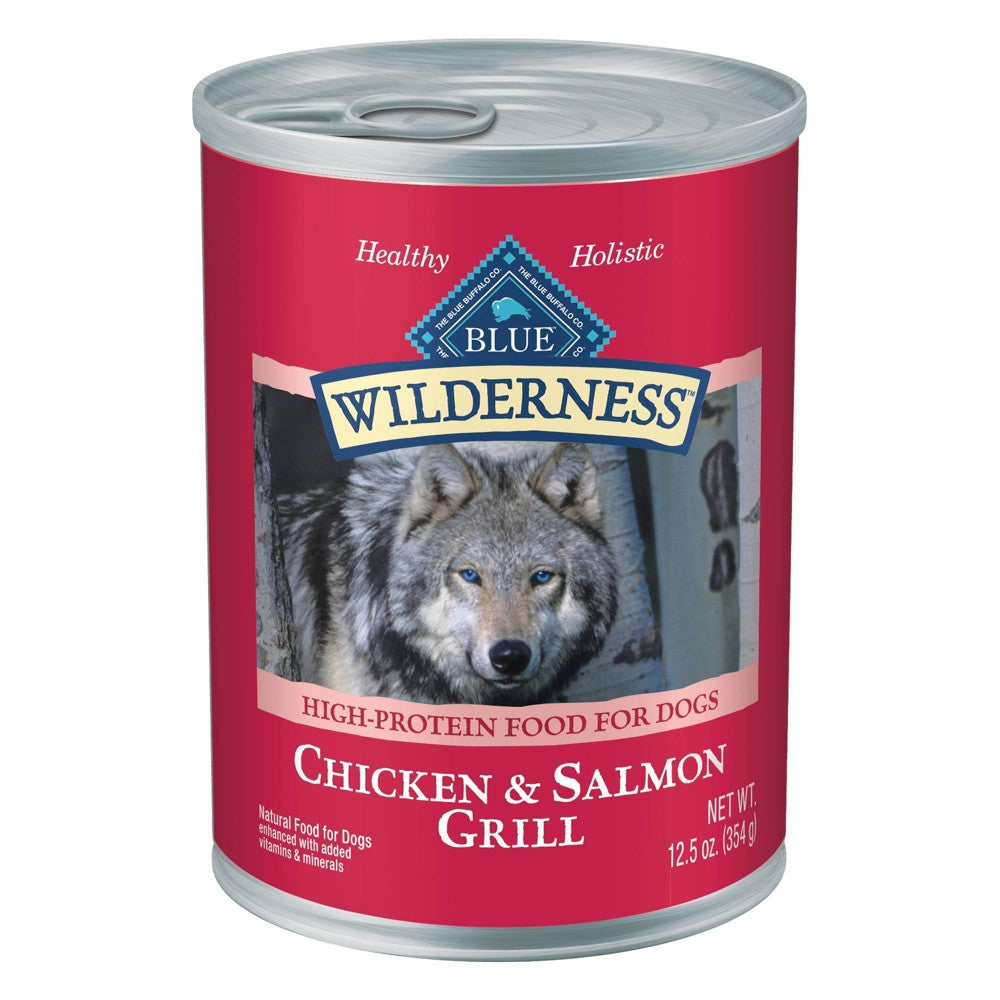 Blue Buffalo Wilderness High Protein Salmon and Chicken Wet Dog Food for Adult Dogs Grain-Free 12.5 oz. Can