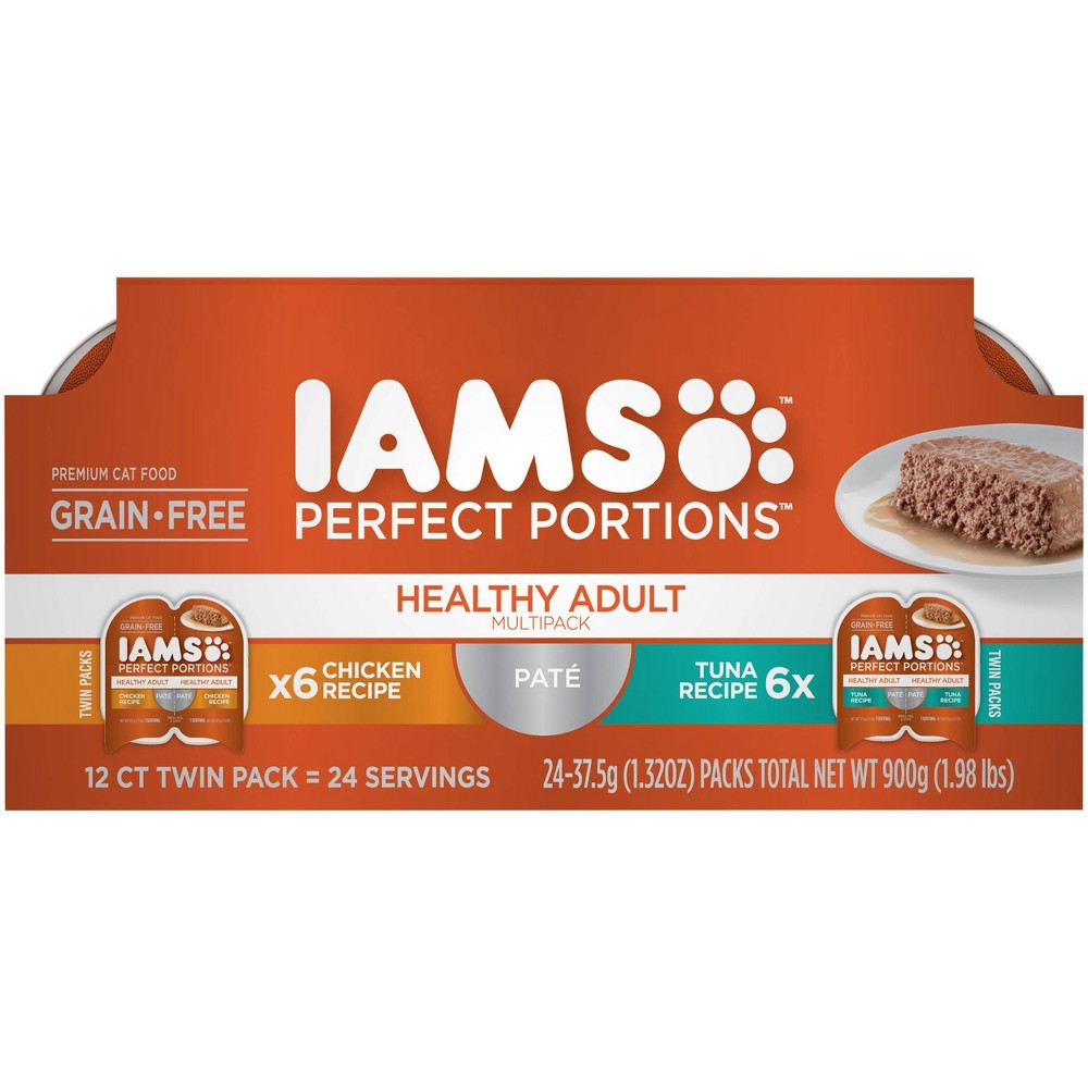 IAMS PERFECT PORTIONS Healthy Adult Grain Free* Wet Cat Food Pate Variety Pack Chicken Recipe and Tuna Recipe 2.6 oz. Easy Peel Twin-Pack Trays