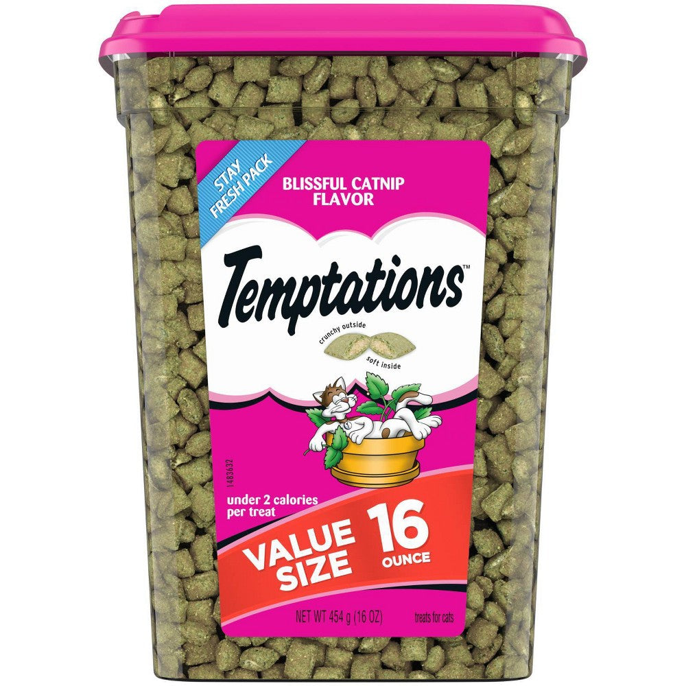 TEMPTATIONS Classic Crunchy and Soft Cat Treats Blissful Catnip Flavor 16 oz. Tub