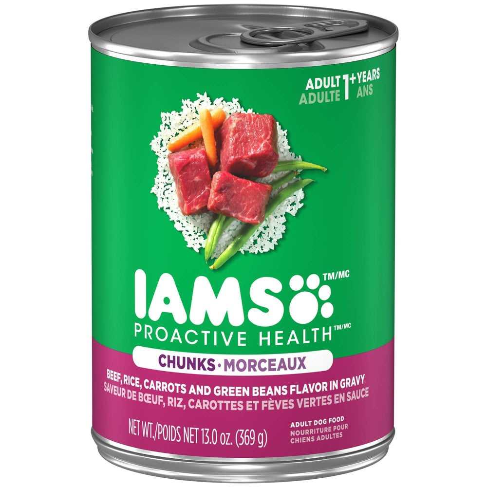 IAMS PROACTIVE HEALTH Adult Soft Wet Dog Food Chunks in Gravy Beef Rice Carrots & Green Beans Flavor 13 oz. Cans