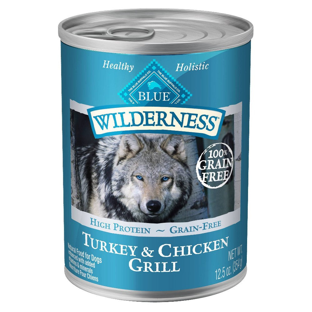 Blue Buffalo Wilderness High Protein Turkey and Chicken Wet Dog Food for Adult Dogs Grain-Free 12.5 oz. Can