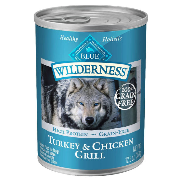 Blue Buffalo Wilderness High Protein Turkey and Chicken Wet Dog Food for Adult Dogs  Grain-Free  12.5 oz. Can