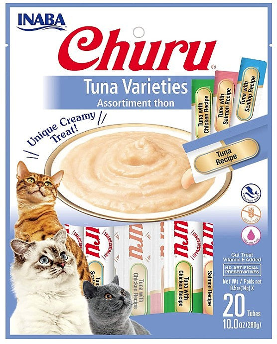 INABA Churu Creamy Lickable Purée Cat Treat w Taurine 0.5 oz 20 Tubes Tuna Variety