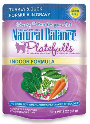 Natural Balance Platefulls Grain Free Indoor Cat Food, Turkey & Duck Formula in Gravy, 3-Ounce Pouches (Pack of 24)