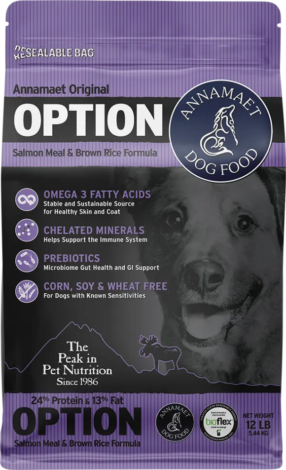 Annamaet Original Option Dog Food 24% pritein Salmon & Brown Rice 25lb