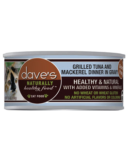 Daves Pet Food 33011288 Naturally Healthy Grain Free Tuna & Mackerel Dinner in Gravy Formula Can Cat Food, 5.5 oz - Pack of 24