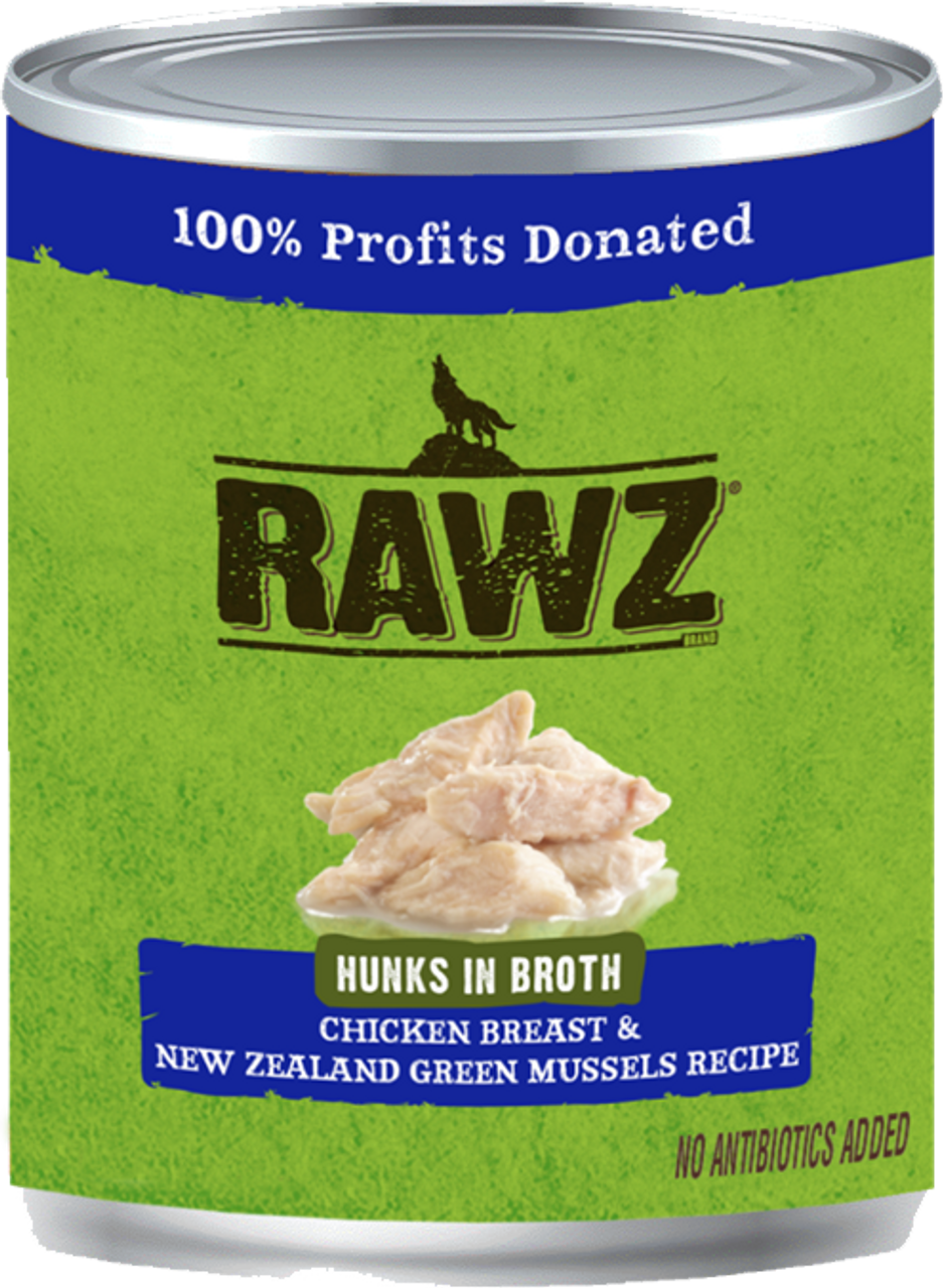 Rawz Hunks in Broth Chicken, New Zealand Green Mussel Dog Food 10oz