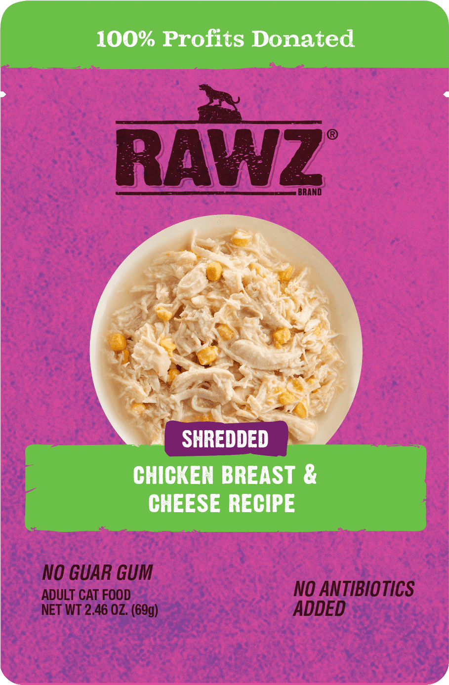 Raws Wet Cat Food 2.4oz Pouch Shreds Chicken and Cheese