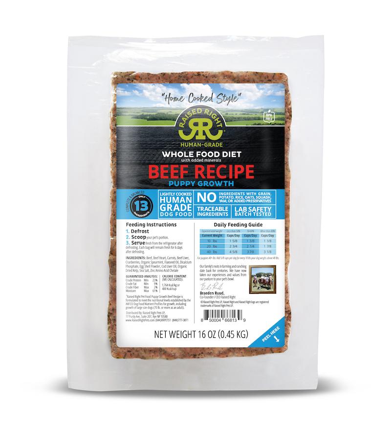 Raised Right Puppy Growth Beef Recipe Frozen Dog Food 1lb
