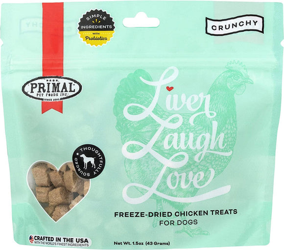 Primal Freeze Dried Chicken Liver Dog Treats with Probiotics, Liver, Laugh, Love Natural Crunchy Training Treats, 1.5 oz