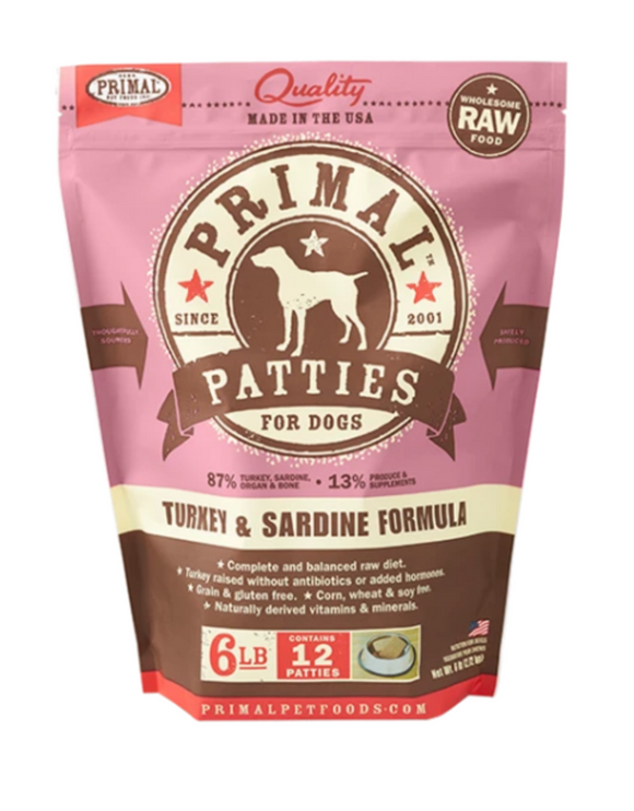 Primal Frozen Raw Turkey Sardine Patty Dog Food 6 lb