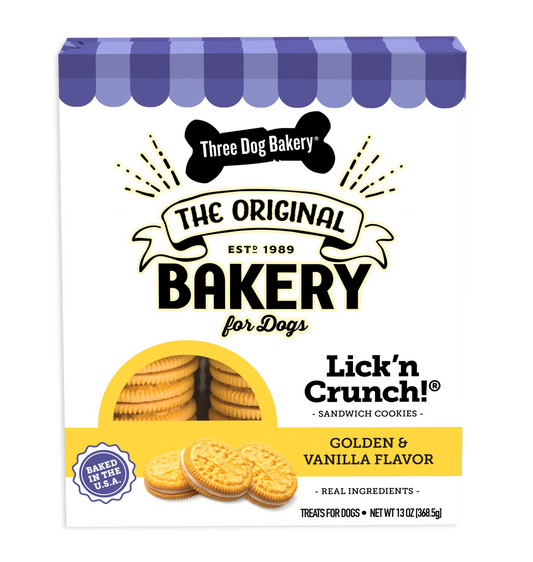 Three Dog Bakery Dog Treats Lick'n Crunch Sandwich Cookies Golden & Vanilla 13 oz
